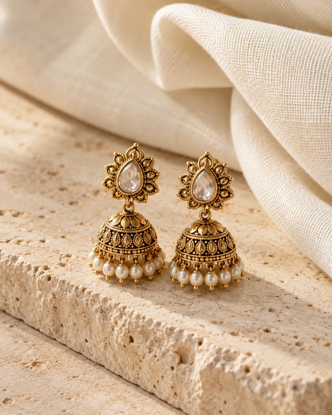Gold-toned jhumka earrings with ivory pearl details on warm stone and soft linen