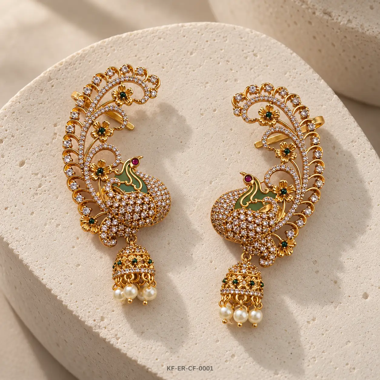 KF-ER-CF-0001__CZ-Peacock-Tail-Jhumka-Ear-Cuff-Set__02-Sculptural-Limestone-Pedestal-compressed-ndt-tools