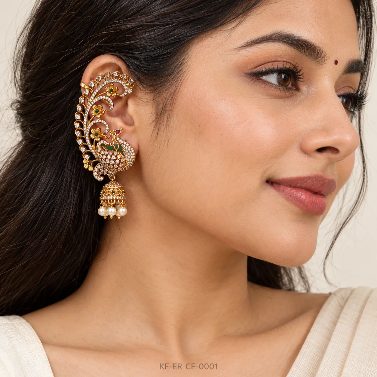 KF-ER-CF-0001__CZ-Peacock-Tail-Jhumka-Ear-Cuff-Set__04-Realistic-Model-Wearing-compressed-ndt-tools