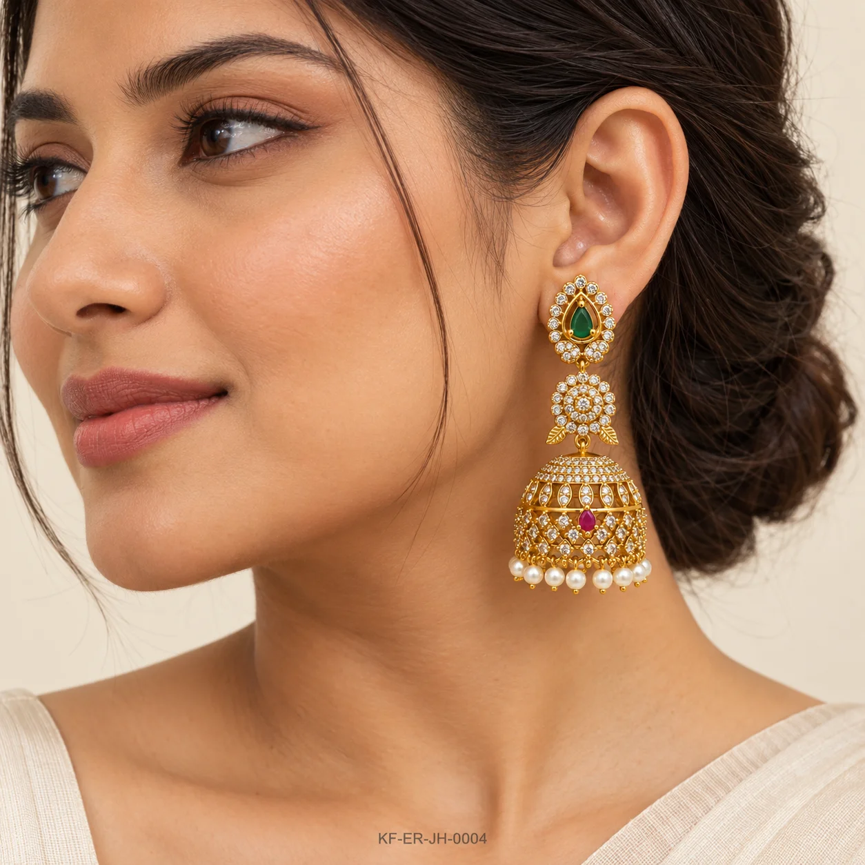 KF-ER-JH-0004__CZ-Stone-Butta-Jhumka-Set__04-Realistic-Model-Wearing-compressed-ndt-tools