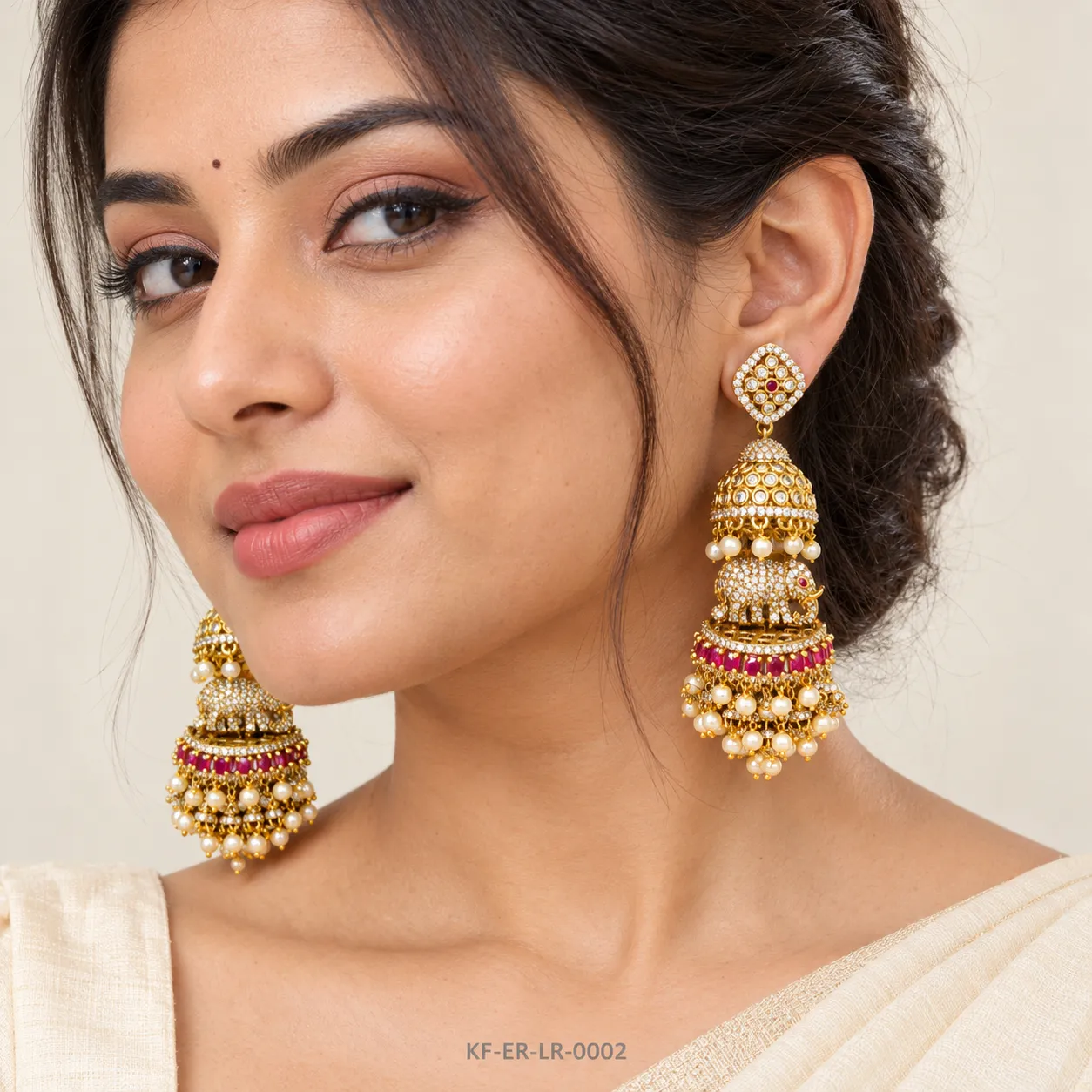 KF-ER-LR-0002__Elephant-Layered-Jhumka-Earring-Set__04-Realistic-Model-Wearing