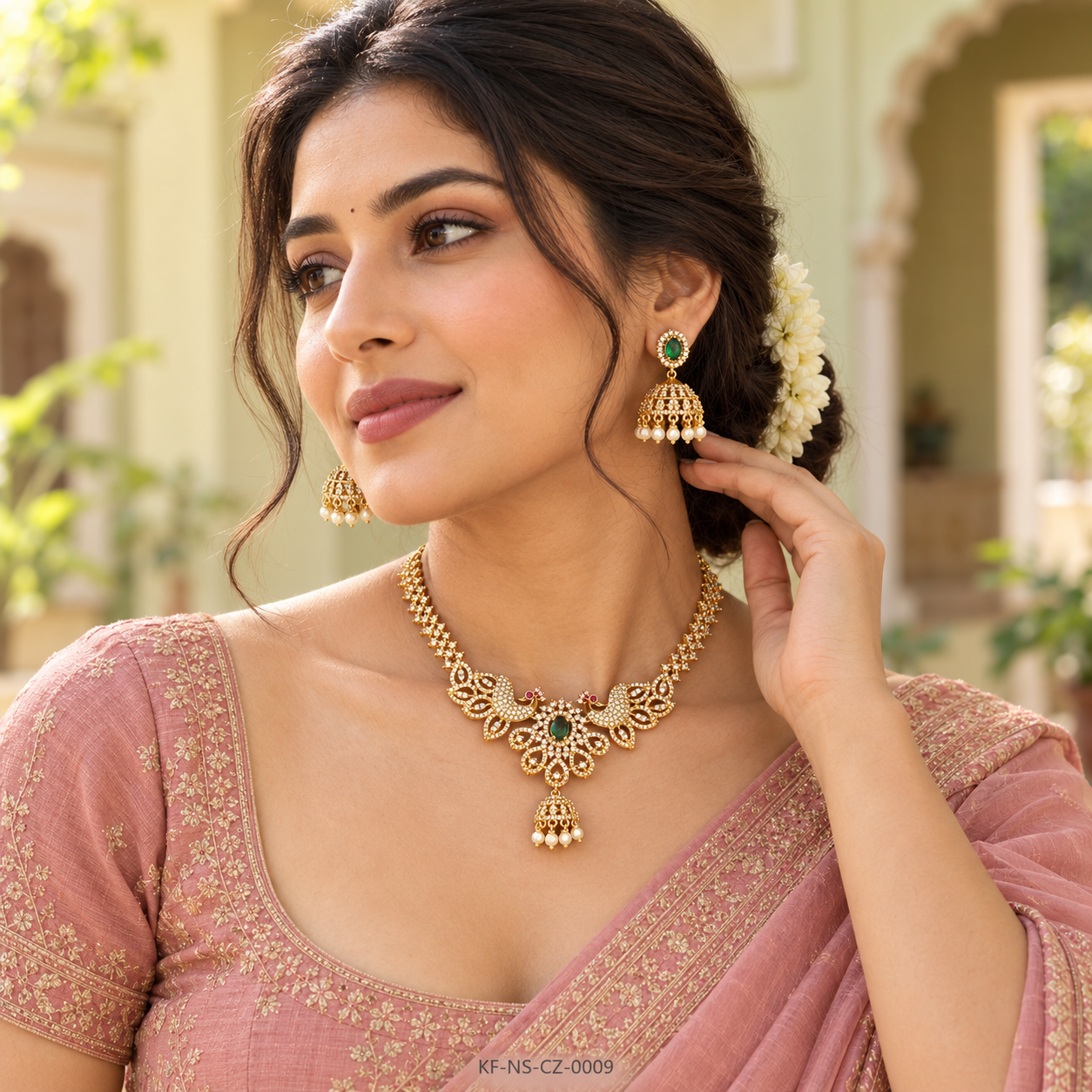 KF-NS-CZ-0009__Mayra-Grace-Gold-Necklace-Set__04-Courtyard-Model-Portrait