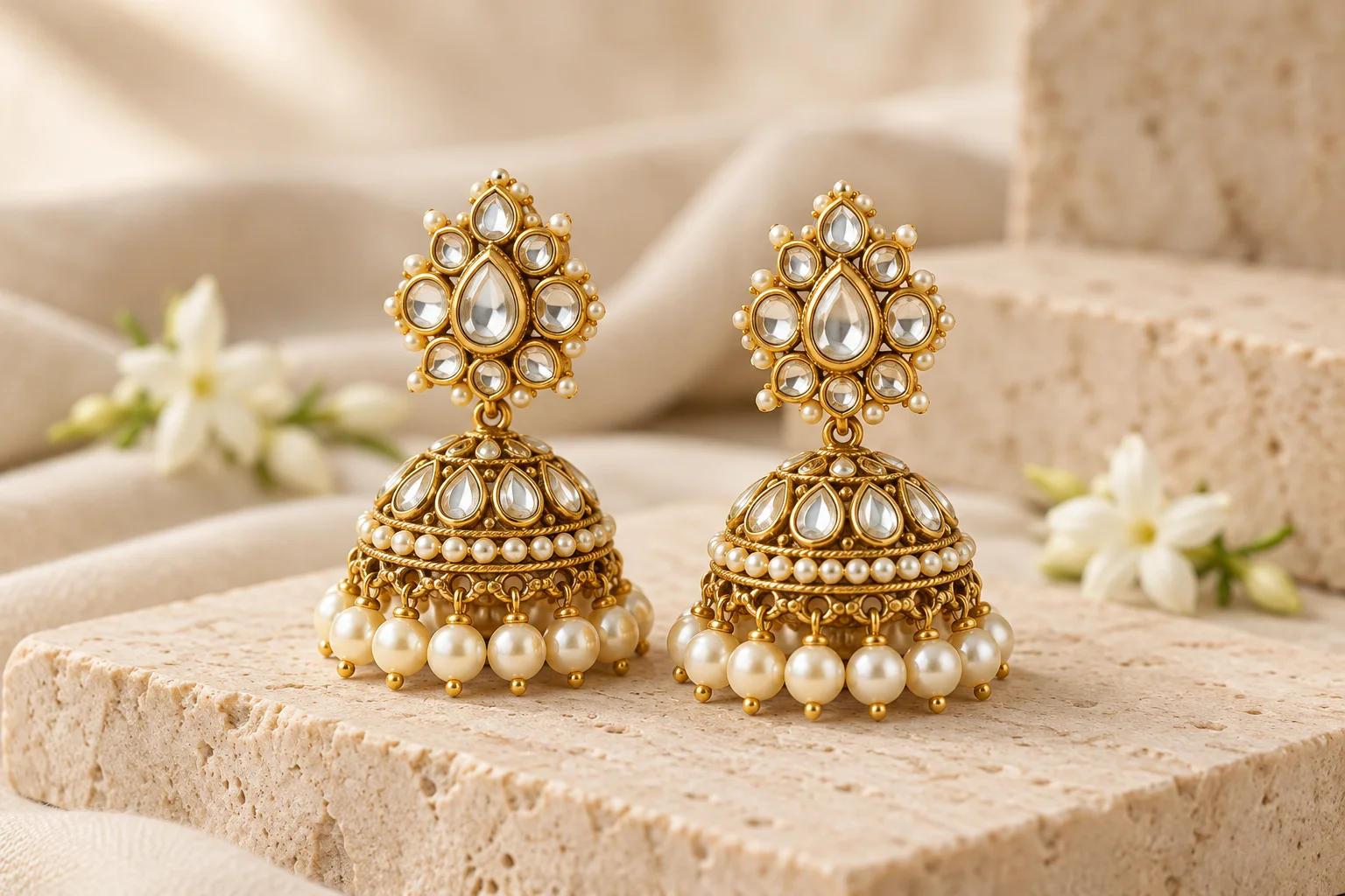 Gold-toned kundan jhumka earrings with ivory pearl drops on warm stone