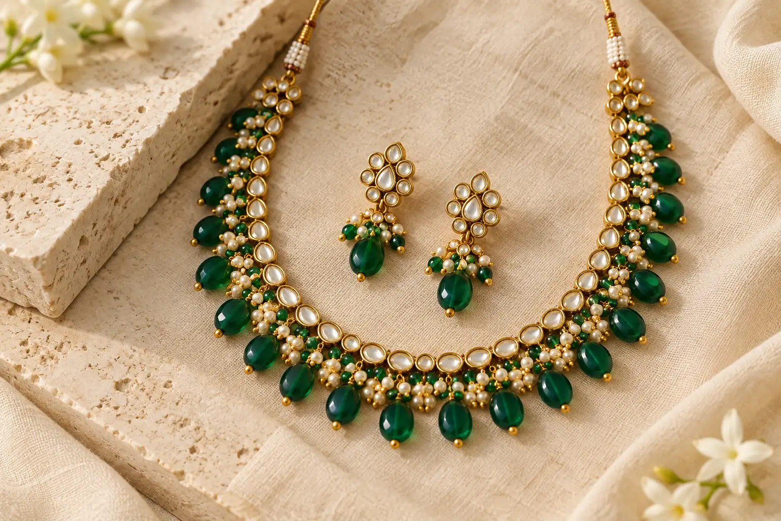 Emerald-green and gold-toned kundan necklace set with matching earrings on ivory linen